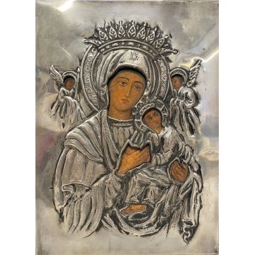 ICONA RELIGIOSA MADONNA con GESU' ANGELI LAMINA ARGENTO '800 LEGNO ARTE SACRA