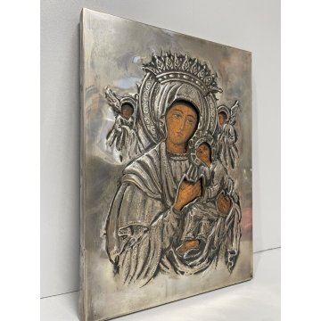 ICONA RELIGIOSA MADONNA con GESU' ANGELI LAMINA ARGENTO '800 LEGNO ARTE SACRA