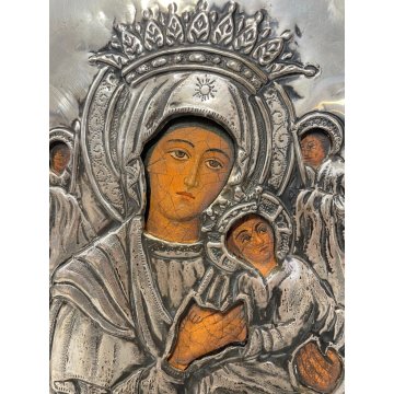 ICONA RELIGIOSA MADONNA con GESU' ANGELI LAMINA ARGENTO '800 LEGNO ARTE SACRA