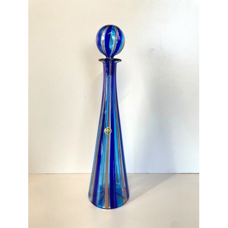 BOTTIGLIA CONICA VETRO SOFFIATO Murano TAPPO SFERA CANNE BLU AVVENTURINA ORO '50