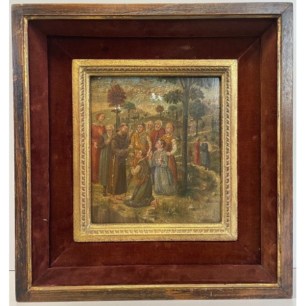 ANTICO DIPINTO OLIO SCENA S. Francesco SANTI PAESAGGIO COLLI RELIGIOSO '800