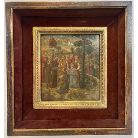 ANTICO DIPINTO OLIO SCENA S. Francesco SANTI PAESAGGIO COLLI RELIGIOSO '800