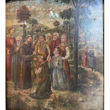 ANTICO DIPINTO OLIO SCENA S. Francesco SANTI PAESAGGIO COLLI RELIGIOSO '800