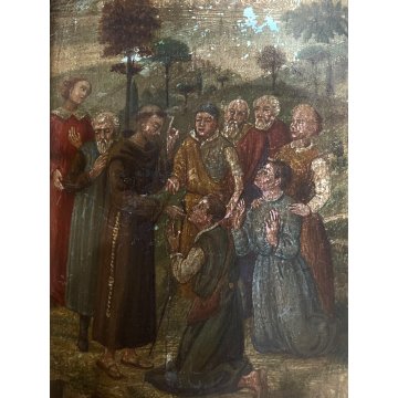 ANTICO DIPINTO OLIO SCENA S. Francesco SANTI PAESAGGIO COLLI RELIGIOSO '800