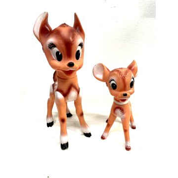 COPPIA Bambi PUPAZZO GOMMA 37 e 25 cm/h LEDRAPLASTIC FIGURINE Walt Disney '70