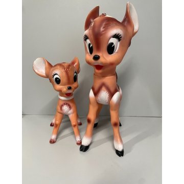 COPPIA Bambi PUPAZZO GOMMA 37 e 25 cm/h LEDRAPLASTIC FIGURINE Walt Disney '70