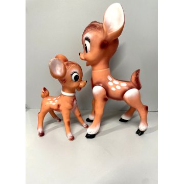 COPPIA Bambi PUPAZZO GOMMA 37 e 25 cm/h LEDRAPLASTIC FIGURINE Walt Disney '70