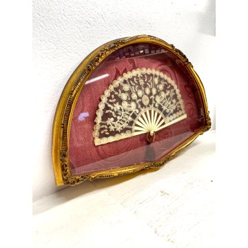 ANTICO VENTAGLIO PIZZO BACHELITE VENTAGLIERA TECA CORNICE LEGNO ORO VINTAGE '900