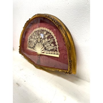 ANTICO VENTAGLIO PIZZO BACHELITE VENTAGLIERA TECA CORNICE LEGNO ORO VINTAGE '900