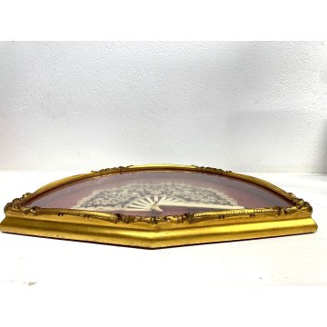 ANTICO VENTAGLIO PIZZO BACHELITE VENTAGLIERA TECA CORNICE LEGNO ORO VINTAGE '900