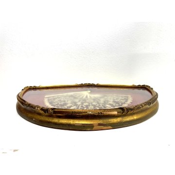 ANTICO VENTAGLIO PIZZO BACHELITE VENTAGLIERA TECA CORNICE LEGNO ORO VINTAGE '900