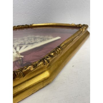 ANTICO VENTAGLIO PIZZO BACHELITE VENTAGLIERA TECA CORNICE LEGNO ORO VINTAGE '900