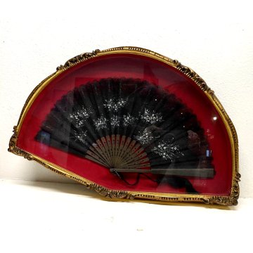 ANTICO VENTAGLIO TECA CORNICE DORATA DECORO FIORI BIANCHI TESSUTO NERO HAND FAN