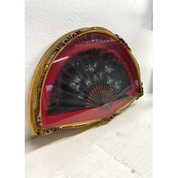 ANTICO VENTAGLIO TECA CORNICE DORATA DECORO FIORI BIANCHI TESSUTO NERO HAND FAN
