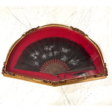 ANTICO VENTAGLIO TECA CORNICE DORATA DECORO FIORI BIANCHI TESSUTO NERO HAND FAN