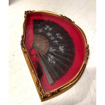 ANTICO VENTAGLIO TECA CORNICE DORATA DECORO FIORI BIANCHI TESSUTO NERO HAND FAN