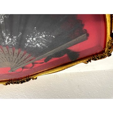 ANTICO VENTAGLIO TECA CORNICE DORATA DECORO FIORI BIANCHI TESSUTO NERO HAND FAN