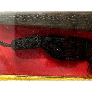 ANTICO VENTAGLIO TECA CORNICE DORATA DECORO FIORI BIANCHI TESSUTO NERO HAND FAN