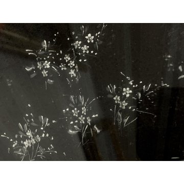 ANTICO VENTAGLIO TECA CORNICE DORATA DECORO FIORI BIANCHI TESSUTO NERO HAND FAN