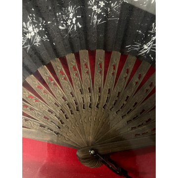 ANTICO VENTAGLIO TECA CORNICE DORATA DECORO FIORI BIANCHI TESSUTO NERO HAND FAN