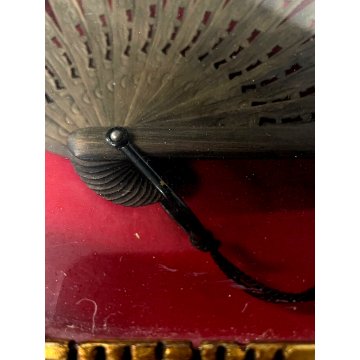 ANTICO VENTAGLIO TECA CORNICE DORATA DECORO FIORI BIANCHI TESSUTO NERO HAND FAN