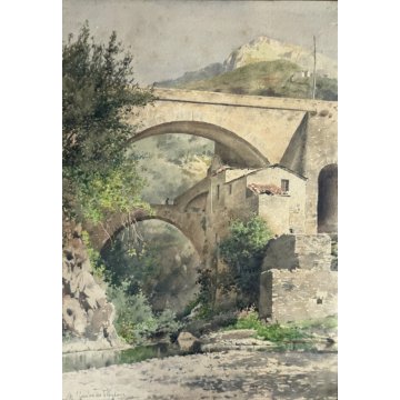 ANTICO QUADRO ACQUERELLO J.A. Gamba de Preydour PONTE PAESAGGIO MONTANO PAYSAGE