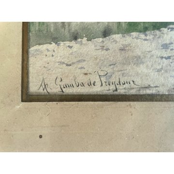 ANTICO QUADRO ACQUERELLO J.A. Gamba de Preydour PONTE PAESAGGIO MONTANO PAYSAGE