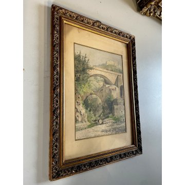 ANTICO QUADRO ACQUERELLO J.A. Gamba de Preydour PONTE PAESAGGIO MONTANO PAYSAGE