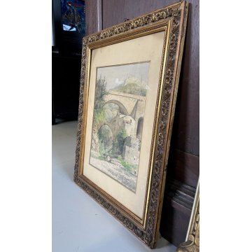 ANTICO QUADRO ACQUERELLO J.A. Gamba de Preydour PONTE PAESAGGIO MONTANO PAYSAGE