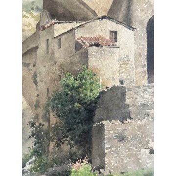 ANTICO QUADRO ACQUERELLO J.A. Gamba de Preydour PONTE PAESAGGIO MONTANO PAYSAGE