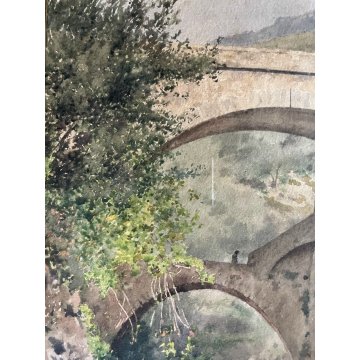 ANTICO QUADRO ACQUERELLO J.A. Gamba de Preydour PONTE PAESAGGIO MONTANO PAYSAGE