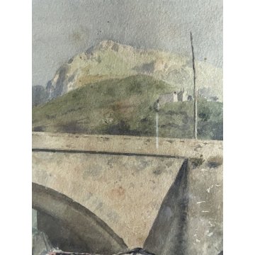 ANTICO QUADRO ACQUERELLO J.A. Gamba de Preydour PONTE PAESAGGIO MONTANO PAYSAGE