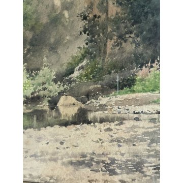ANTICO QUADRO ACQUERELLO J.A. Gamba de Preydour PONTE PAESAGGIO MONTANO PAYSAGE