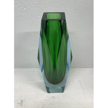 VASO VINTAGE VETRO MURANO SOMMERSO Flavio Poli SFACCETTATO TRASPARENTE VERDE