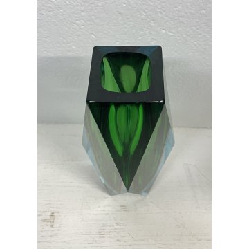 VASO VINTAGE VETRO MURANO SOMMERSO Flavio Poli SFACCETTATO TRASPARENTE VERDE