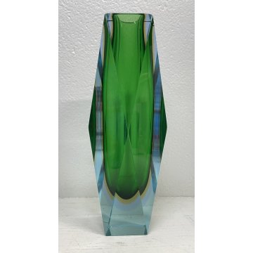 VASO VINTAGE VETRO MURANO SOMMERSO Flavio Poli SFACCETTATO TRASPARENTE VERDE