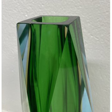 VASO VINTAGE VETRO MURANO SOMMERSO Flavio Poli SFACCETTATO TRASPARENTE VERDE