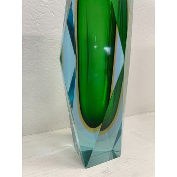 VASO VINTAGE VETRO MURANO SOMMERSO Flavio Poli SFACCETTATO TRASPARENTE VERDE