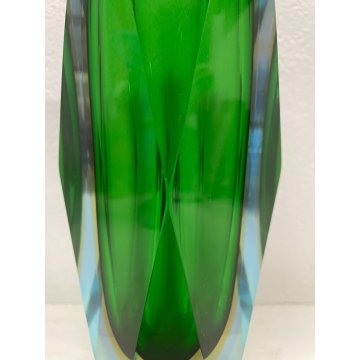 VASO VINTAGE VETRO MURANO SOMMERSO Flavio Poli SFACCETTATO TRASPARENTE VERDE