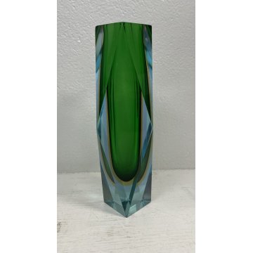 VASO VINTAGE VETRO MURANO SOMMERSO Flavio Poli SFACCETTATO TRASPARENTE VERDE