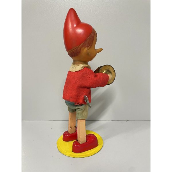 GIOCATTOLO LATTA VINTAGE BURATTINO PINOCCHIO Wind-UP 29,5 cm/h MADE JAPAN  '60