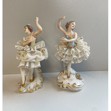 COPPIA BALLERINA CAPODIMONTE FIGURA STATUINA CERAMICA PORCELLANA PIZZO DONNA OLD