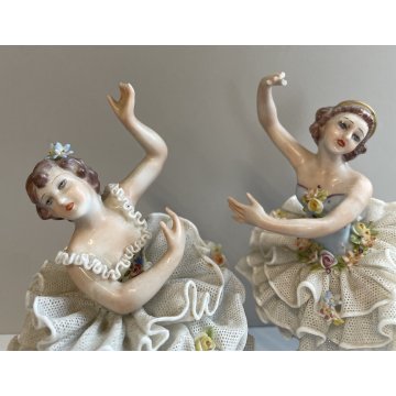 COPPIA BALLERINA CAPODIMONTE FIGURA STATUINA CERAMICA PORCELLANA PIZZO DONNA OLD