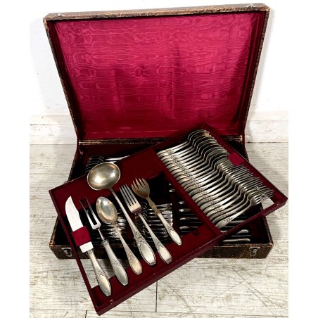 SET POSATE VINTAGE 90 pz 12 Pers. Martin METALLO ARGENTATO DECORO FLOREALE BAULE