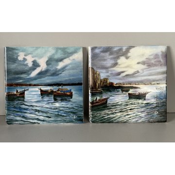 COPPIA PIASTRELLE CERAMICA S.C.I LAVENO FORMELLA DIPINTO MARINA BARCHE FIRMATA