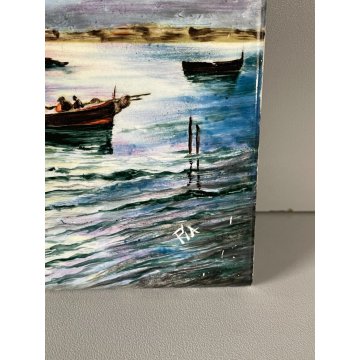 COPPIA PIASTRELLE CERAMICA S.C.I LAVENO FORMELLA DIPINTO MARINA BARCHE FIRMATA