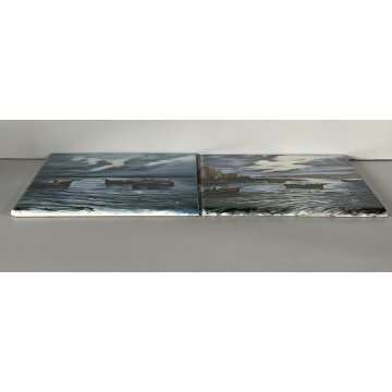 COPPIA PIASTRELLE CERAMICA S.C.I LAVENO FORMELLA DIPINTO MARINA BARCHE FIRMATA