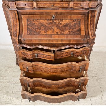 ANTICO TRUMEAU LOMBARDO PRIMI 1900 COMÒ CREDENZA DOPPIO CORPO RIBALTA LEGNO NOCE