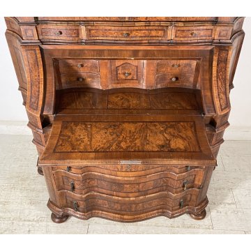 ANTICO TRUMEAU LOMBARDO PRIMI 1900 COMÒ CREDENZA DOPPIO CORPO RIBALTA LEGNO NOCE