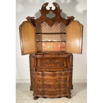 ANTICO TRUMEAU LOMBARDO PRIMI 1900 COMÒ CREDENZA DOPPIO CORPO RIBALTA LEGNO NOCE